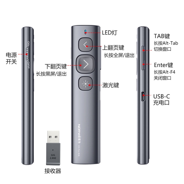 N95 Plus 翻页笔 红光 U盘储存 支持超链接 全屏黑屏 USB-C充电