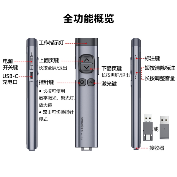 N97s 翻页笔 红光 双头/U盘接收器 蓝牙连接 数字激光 放大镜 聚光灯