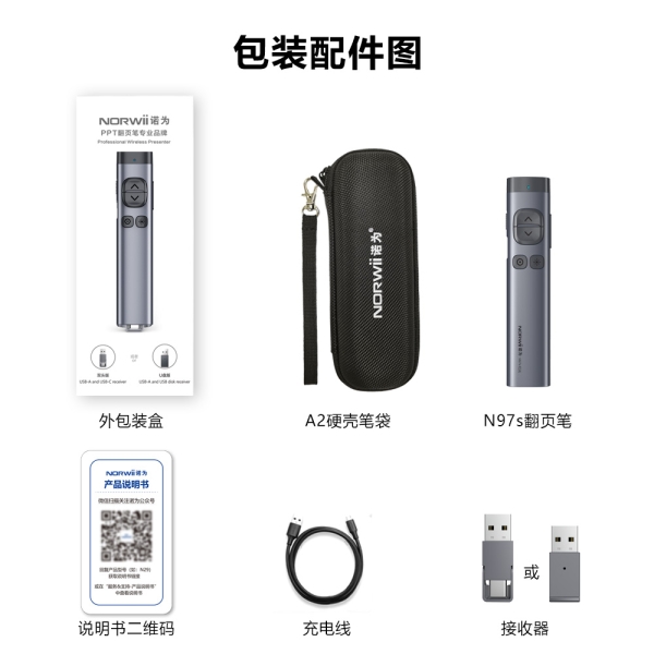 N97s 翻页笔 红光 双头/U盘接收器 蓝牙连接 数字激光 放大镜 聚光灯